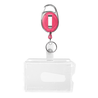 ID badge holder with carabiner badge reel with clip pink