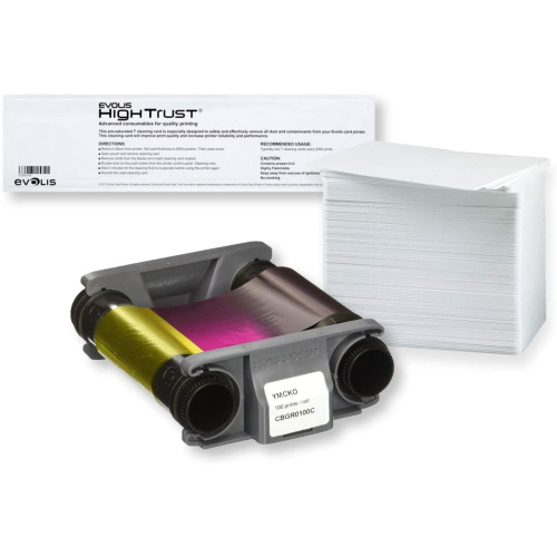 Kit de cinta de transferencia de color Evolis Badgy YMCKO | con 100 tarjetas de plástico y tarjeta de limpieza en «T»